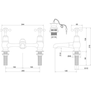 Burlington Claremont 2 Tap Hole Bridge Basin Mixer with Plug & Chain Waste & Swivel Spout